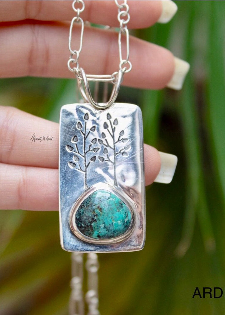 Turquoise Pendant, Sterling Silver, December Birthstone, Handmade Chain, SKU 6334