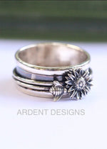 Sunflower Spinner Ring for Women, Sterling Silver Fidget Ring Band, SKU 6233