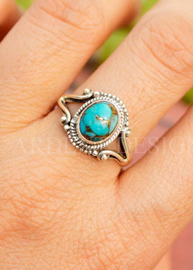 Anillo de Plata Esterlina Azul Cobre Turquesa, Boho, SKU 6182