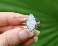 Genuine Rainbow Moonstone Ring, Sterling Silver, Boho, SKU 6171