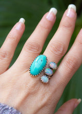 Natural Turquoise & Opal Ring, December Birthstone, Fire Opal Ring, SKU 6158