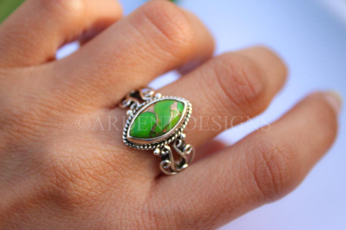 Green Copper Turquoise Ring, Mojave Turquoise Ring, Boho, SKU 6160