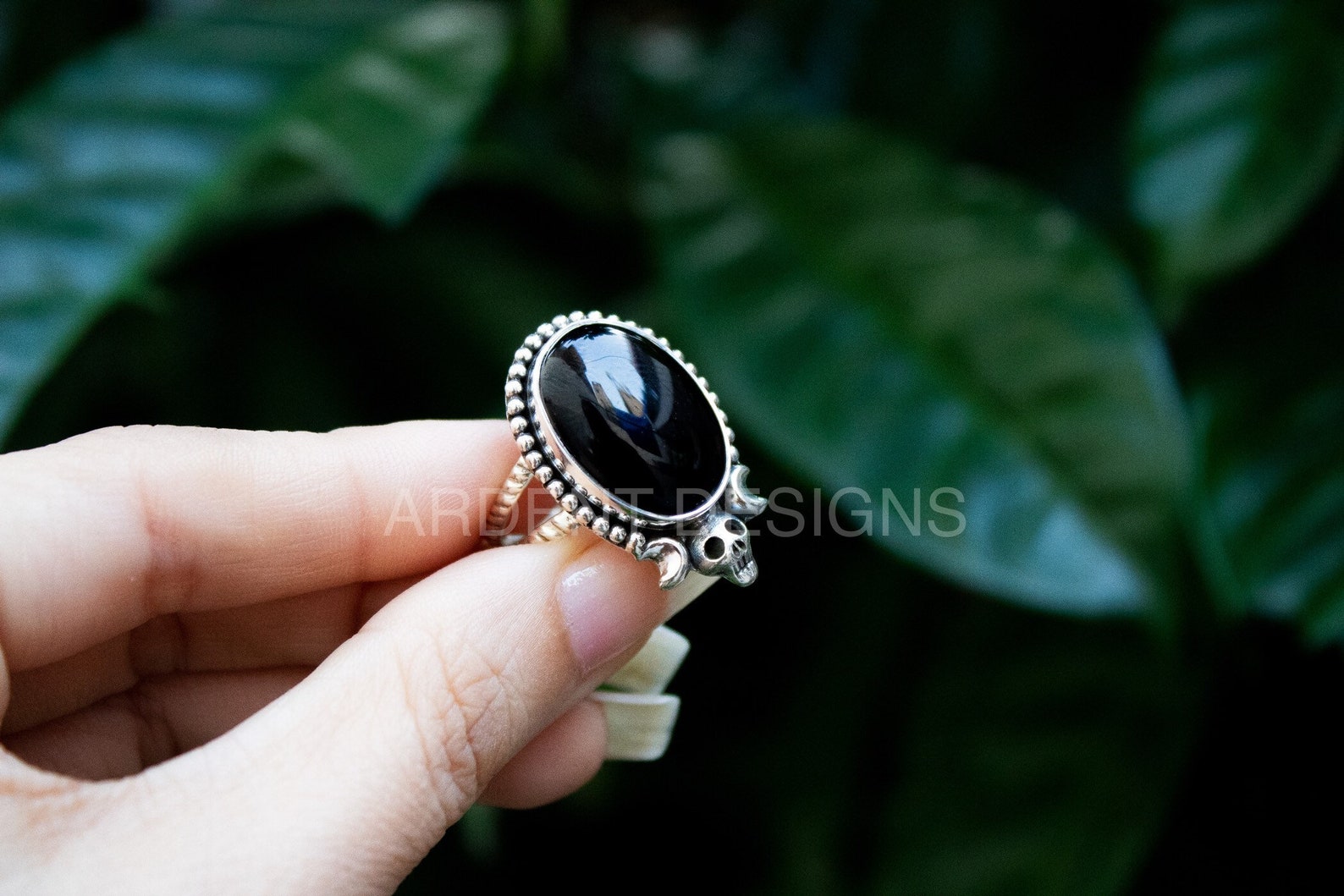 Black Onyx Ring, Halloween Ring, Skull Ring, Witchy Ring, Boho, SKU 6187