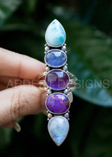 Larimar Tanzanite Amethyst Purple Copper Turquoise Moonstone Ring, SKU 6137