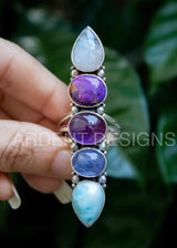 Larimar Tanzanite Amethyst Purple Copper Turquoise Moonstone Ring, SKU 6137