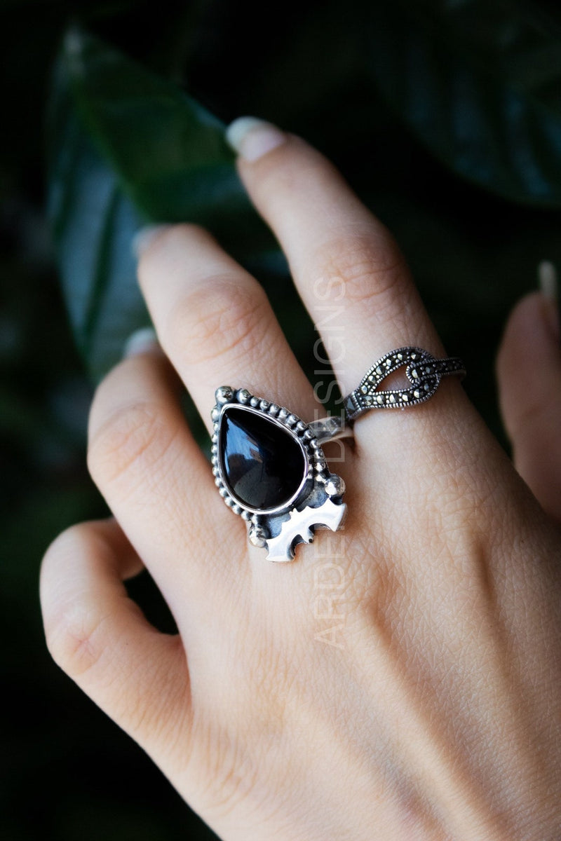 Anillo de ónix negro Anillo de Halloween de plata esterlina, Anillo de bruja, Boho, Anillo de murciélago, SKU 6326