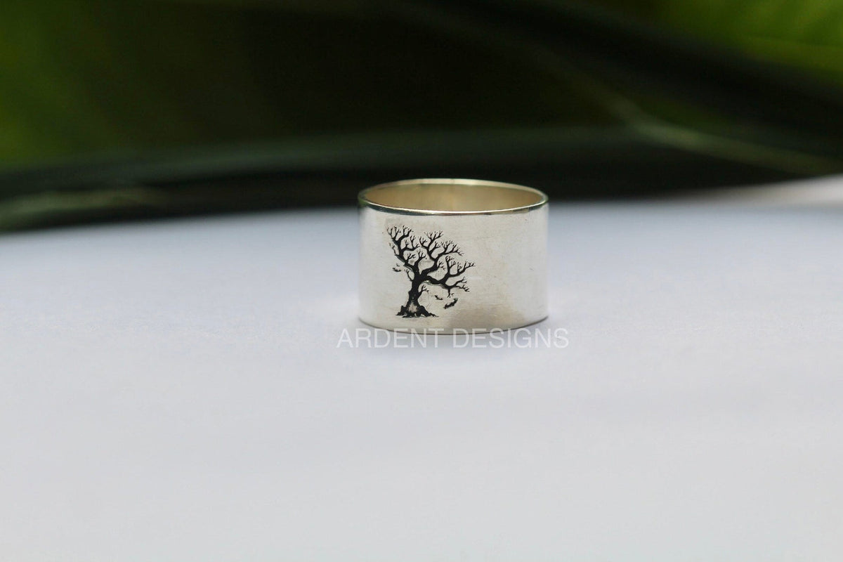 Anillo de banda de plata esterlina, anillo de árbol y murciélago, anillo de banda de Halloween, anillo de banda unisex, SKU 6327