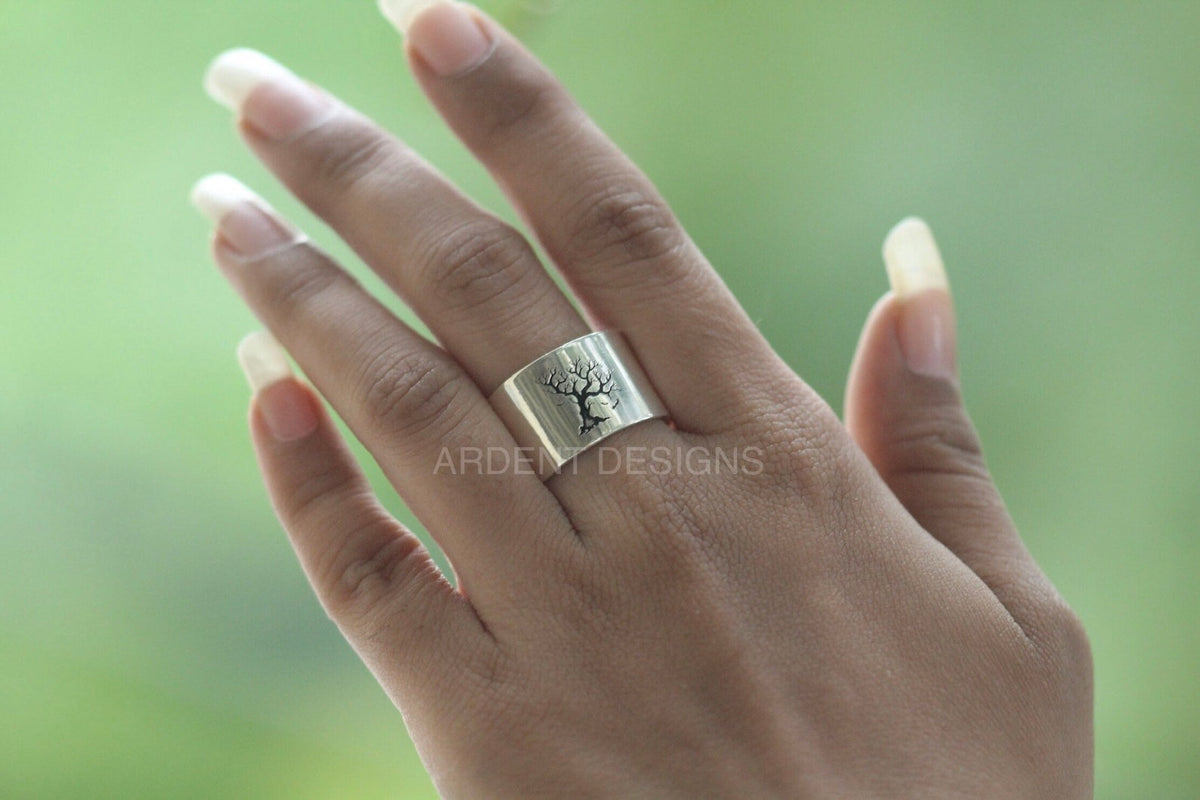 Anillo de banda de plata esterlina, anillo de árbol y murciélago, anillo de banda de Halloween, anillo de banda unisex, SKU 6327