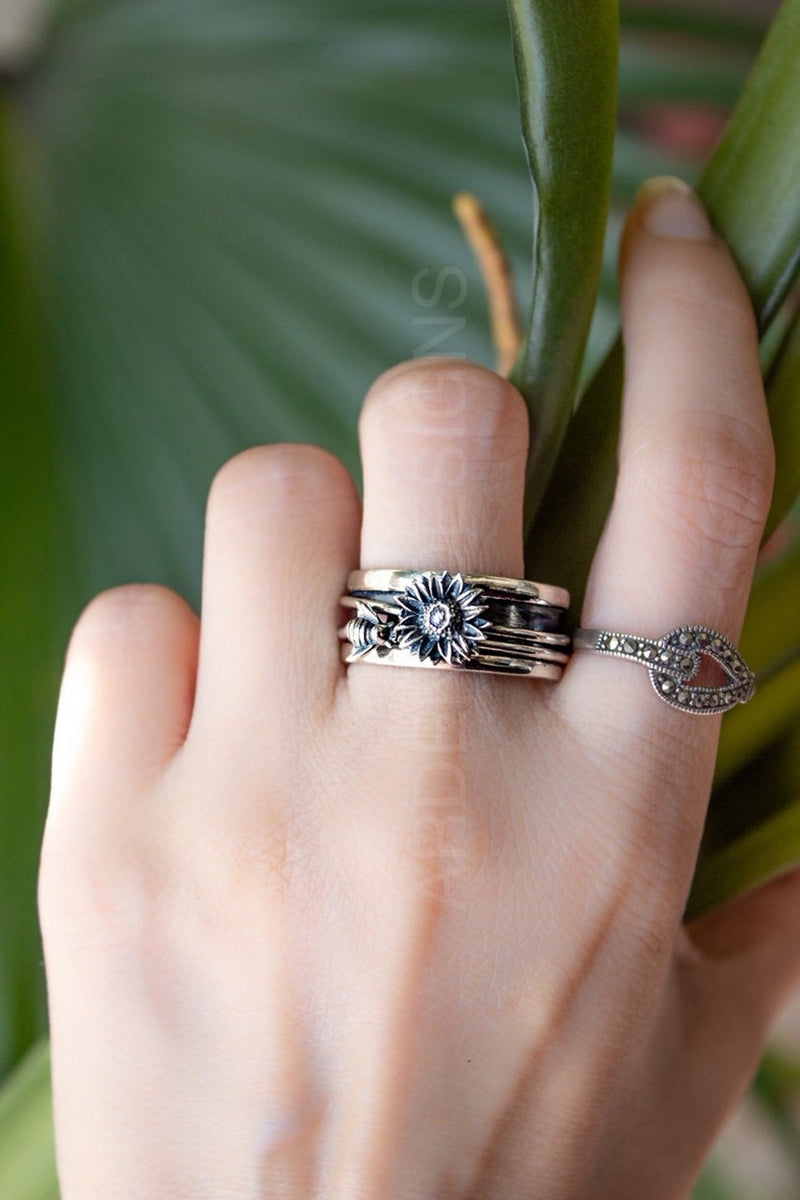 Sunflower Spinner Ring for Women, Sterling Silver Fidget Ring Band, SKU 6233
