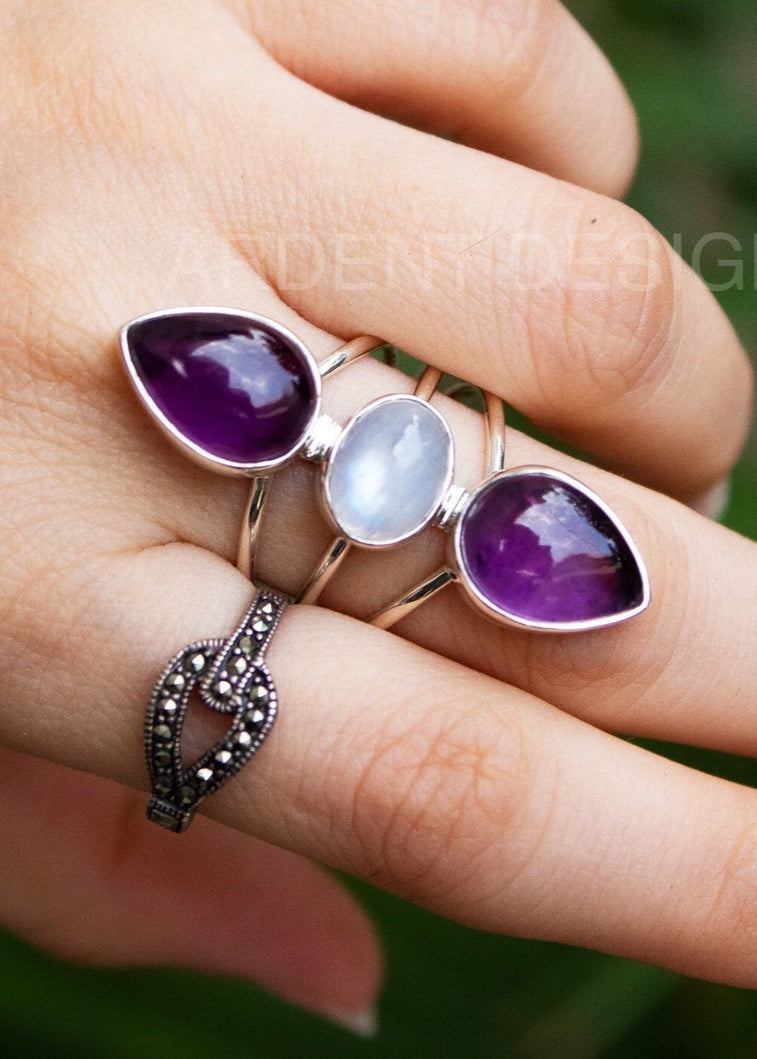 Anillo de piedra lunar arcoíris, anillo de amatista de piedra lunar, bohemio, regalo de aniversario, SKU 6313
