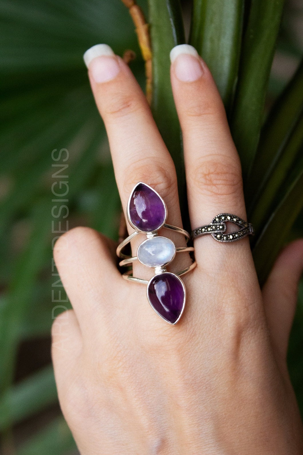 Anillo de piedra lunar arcoíris, anillo de amatista de piedra lunar, bohemio, regalo de aniversario, SKU 6313