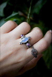 Rainbow Moonstone Ring, Sterling Silver, Moonstone Amethyst ring, SKU 6142