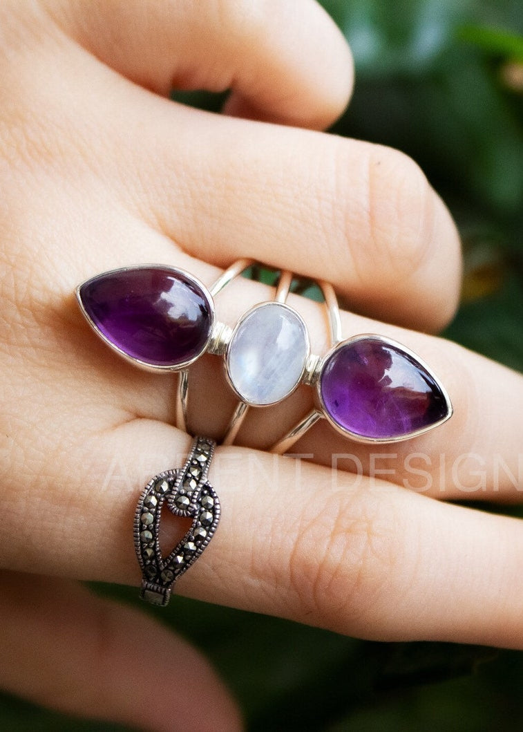 Anillo de piedra lunar arcoíris, anillo de amatista de piedra lunar, bohemio, regalo de aniversario, SKU 6313