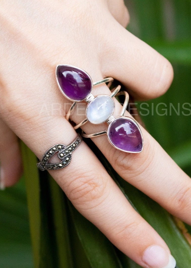 Anillo de piedra lunar arcoíris, anillo de amatista de piedra lunar, bohemio, regalo de aniversario, SKU 6313