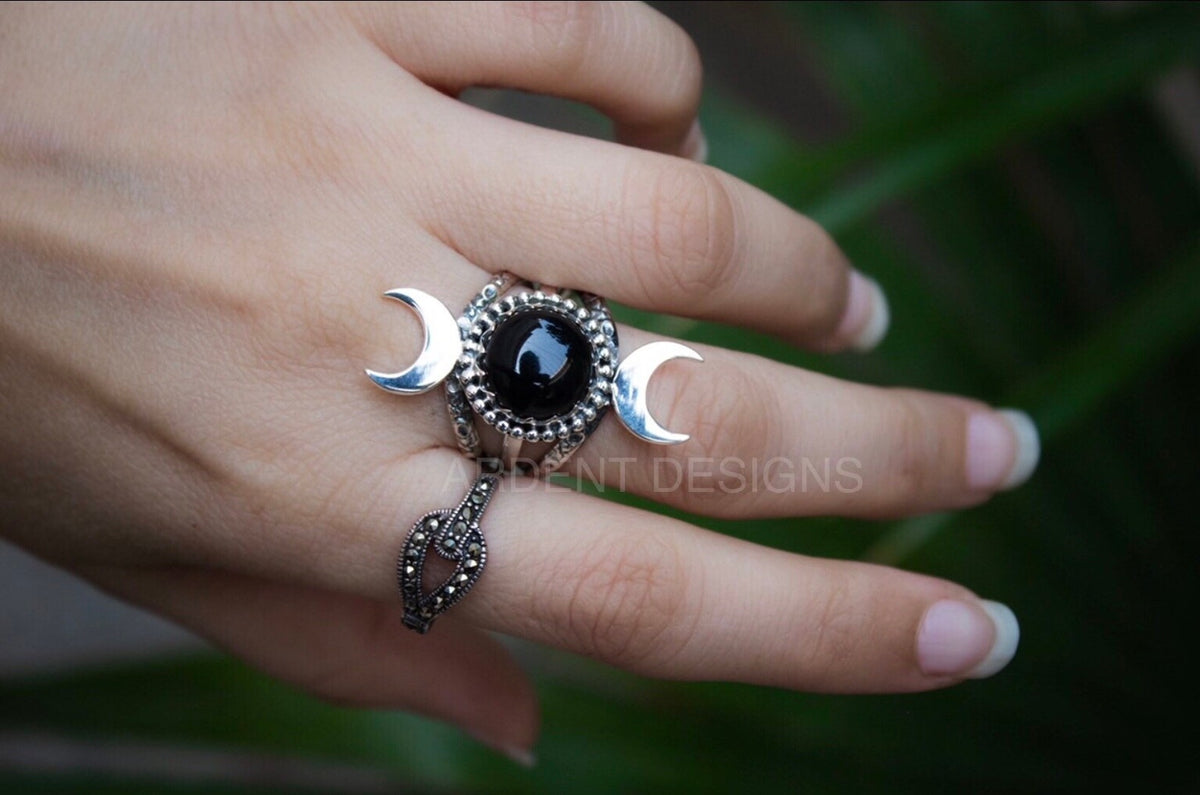 Black Onyx Ring, Celestial Ring, Boho, Half Moon & Stars Ring, SKU 6199