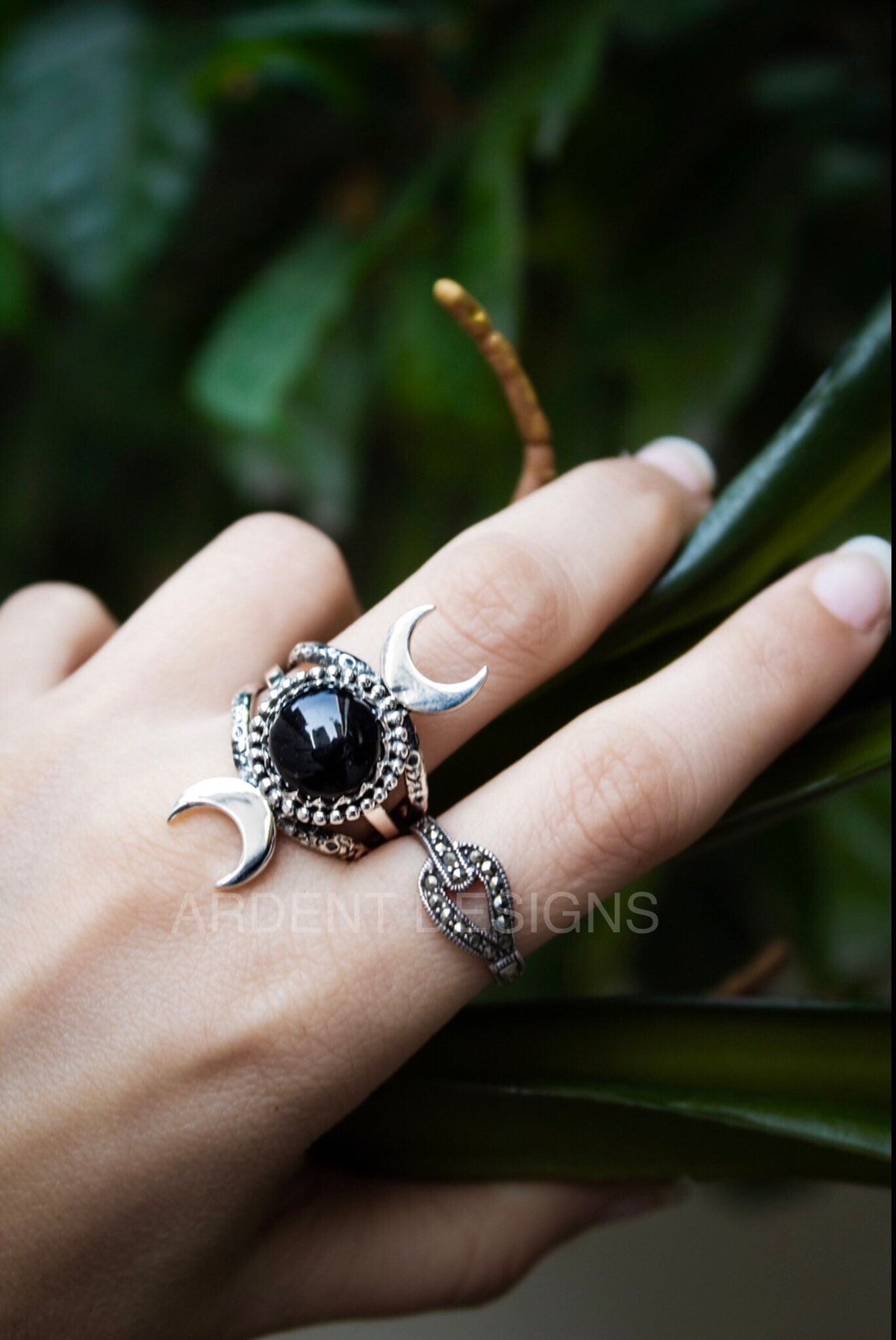 Anillo de ónix negro, anillo celestial, Boho, anillo de media luna y estrellas, SKU 6199