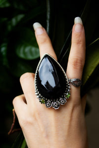 Black Onyx & Green Tourmaline Ring, Witchy Ring, Black Stone Halloween Ring, SKU 6312