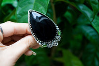 Anillo de ónix negro y turmalina verde, anillo de bruja, anillo de Halloween de piedra negra, SKU 6312