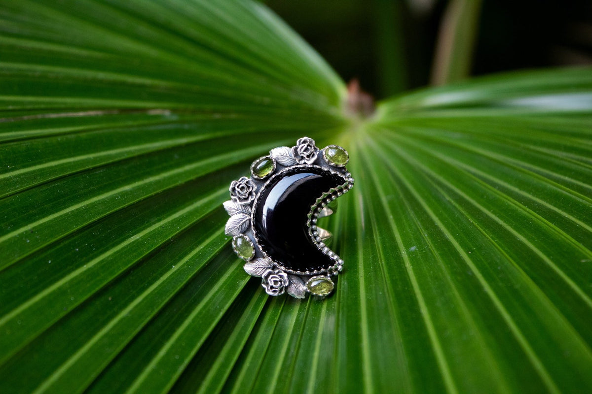 Black Onyx Ring, Half Moon Statement Ring, Witchy Ring, SKU 6269
