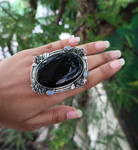 Black Onyx & Moonstone Ring, Witchy Ring, Black Stone Ring OOAK Halloween, SKU 6311