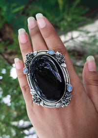 Black Onyx & Moonstone Ring, Witchy Ring, Black Stone Ring OOAK Halloween, SKU 6311