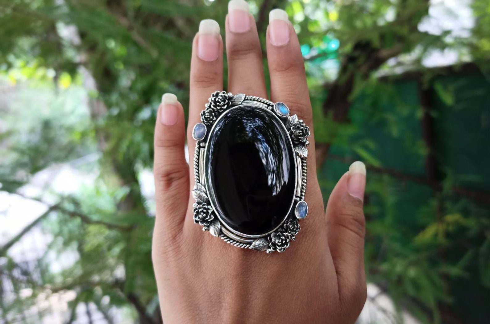Black Onyx & Moonstone Ring, Witchy Ring, Black Stone Ring OOAK 