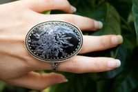 Anneau de chrysanthème en argent sterling, anneau de pierre noire, anneau de sorcière, SKU 6315