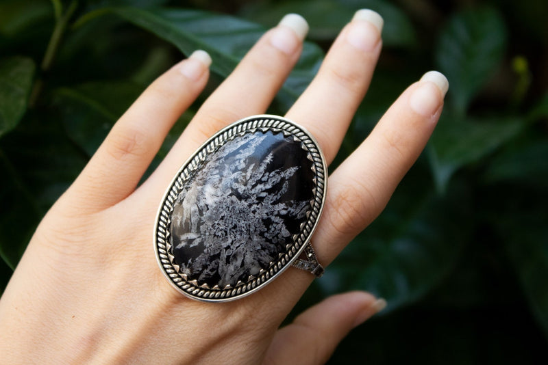 Anneau de chrysanthème en argent sterling, anneau de pierre noire, anneau de sorcière, SKU 6315