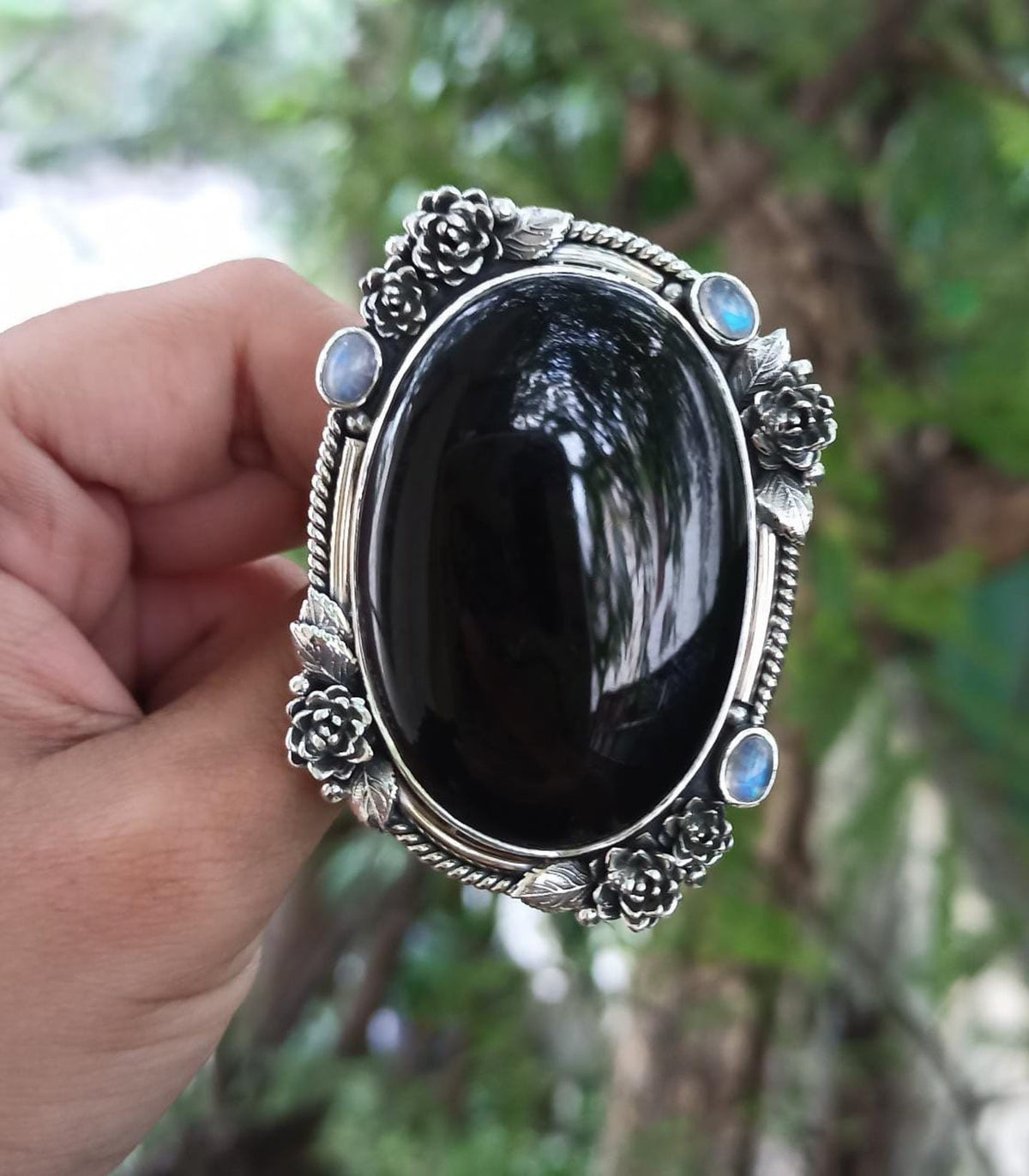 Anillo de ónix negro y piedra lunar, anillo de bruja, anillo de piedra negra OOAK Halloween, SKU 6311