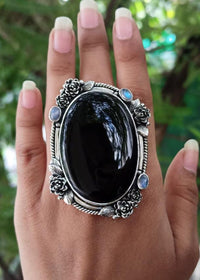 Black Onyx & Moonstone Ring, Witchy Ring, Black Stone Ring OOAK Halloween, SKU 6311