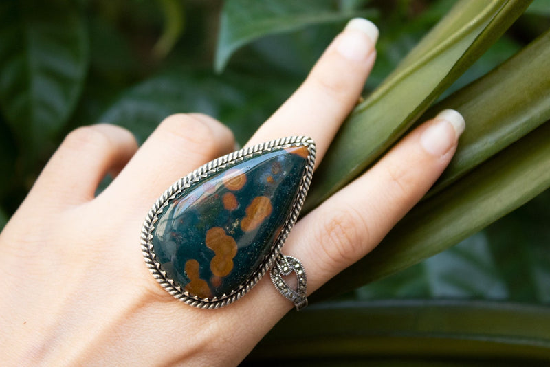Anillo Ocean Jasper, anillo artesanal, sudoeste, piedra preciosa en forma de pera, SKU 6317