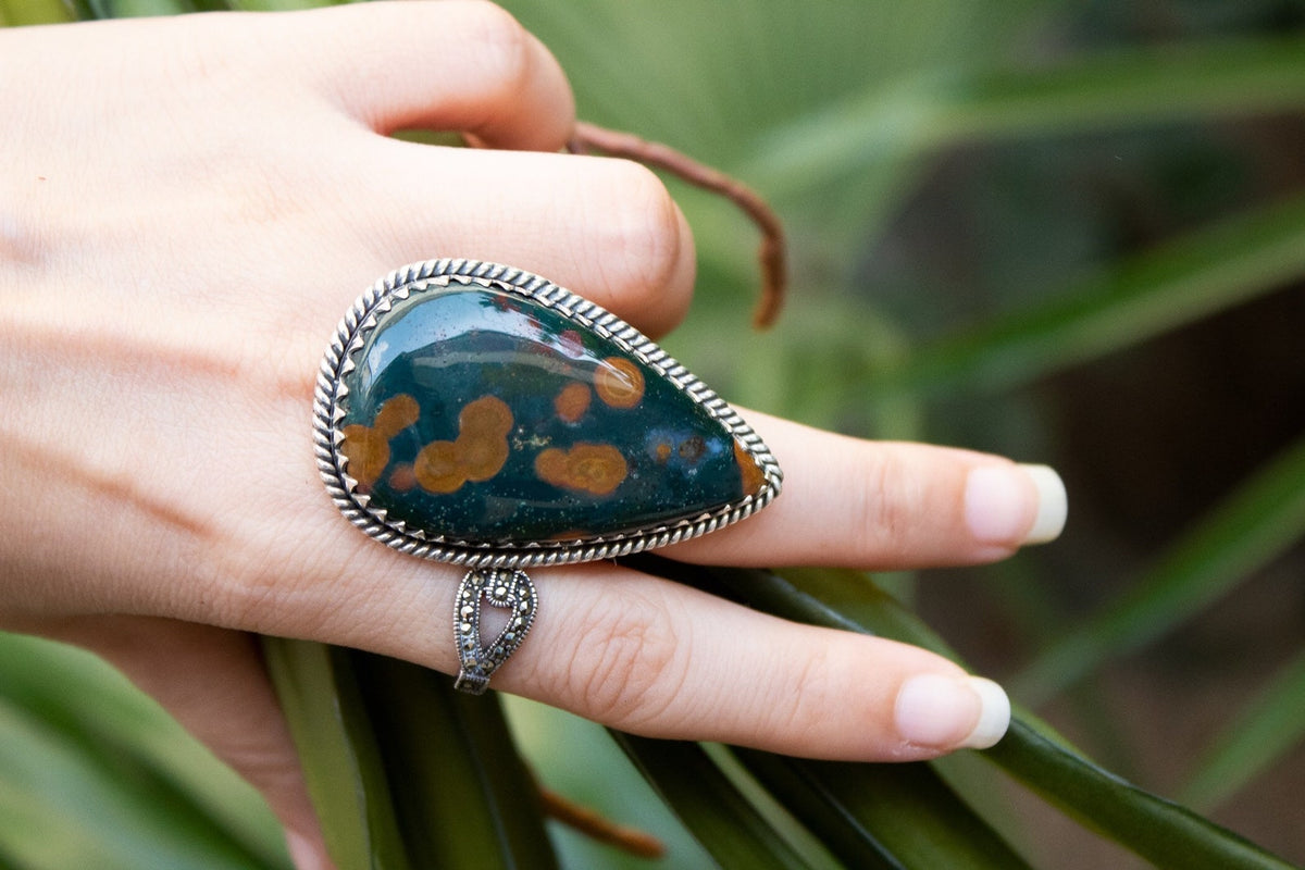 Anillo Ocean Jasper, anillo artesanal, sudoeste, piedra preciosa en forma de pera, SKU 6317