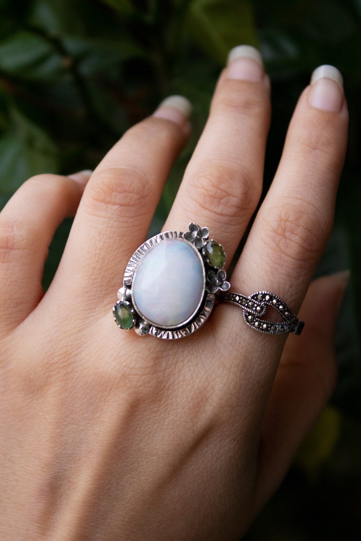 White Opal Ring, October Birthstone, Artisan Ring, Opal Floral Ring, SKU 6310