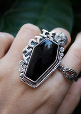 Anillo de ataúd, anillo de ónix negro, anillo de plata de ley con piedras preciosas de ónix negro, joyería de ónix, anillo de bruja, anillo de piedra negra, anillo de búho, SKU 6296