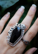 Anillo de ataúd, anillo de ónix negro, anillo de plata de ley con piedras preciosas de ónix negro, joyería de ónix, anillo de bruja, anillo de piedra negra, anillo de búho, SKU 6296