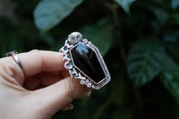 Coffin Ring, Black Onyx Ring, Black Onyx Gemstone Sterling Silver Ring, Onyx Jewelry, Witchy Ring, Black Stone Ring, Owl Ring, SKU 6296