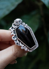 Anillo de ataúd, anillo de ónix negro, anillo de plata de ley con piedras preciosas de ónix negro, joyería de ónix, anillo de bruja, anillo de piedra negra, anillo de búho, SKU 6296