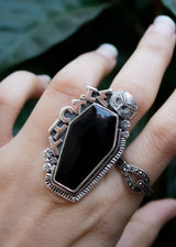 Anillo de ataúd, anillo de ónix negro, anillo de plata de ley con piedras preciosas de ónix negro, joyería de ónix, anillo de bruja, anillo de piedra negra, anillo de búho, SKU 6296