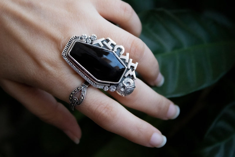 Coffin Ring, Black Onyx Ring, Black Onyx Gemstone Sterling Silver Ring, Onyx Jewelry, Witchy Ring, Black Stone Ring, Owl Ring, SKU 6296