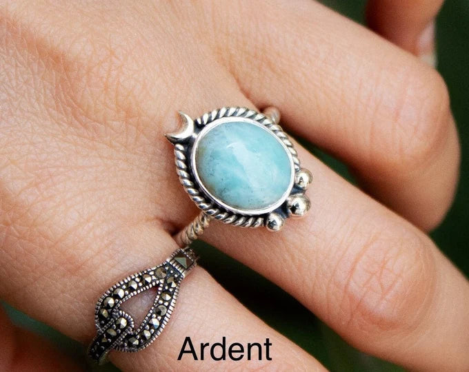 Larimar Ring, Crescent Moon Blue Larimar Sterling Silver Ring, Boho, SKU 6257