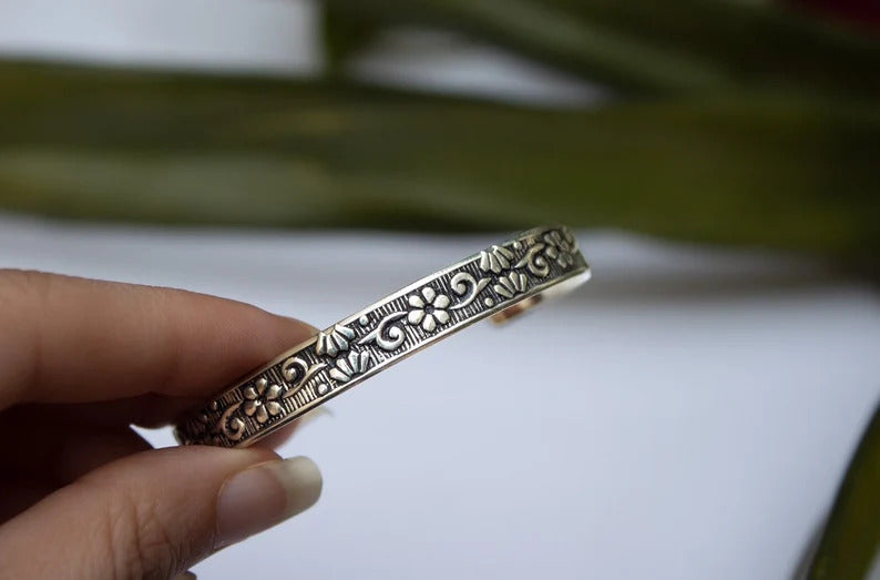 925 Silver Adjustable Bangle Bracelet, Floral Cuff, SKU 6086